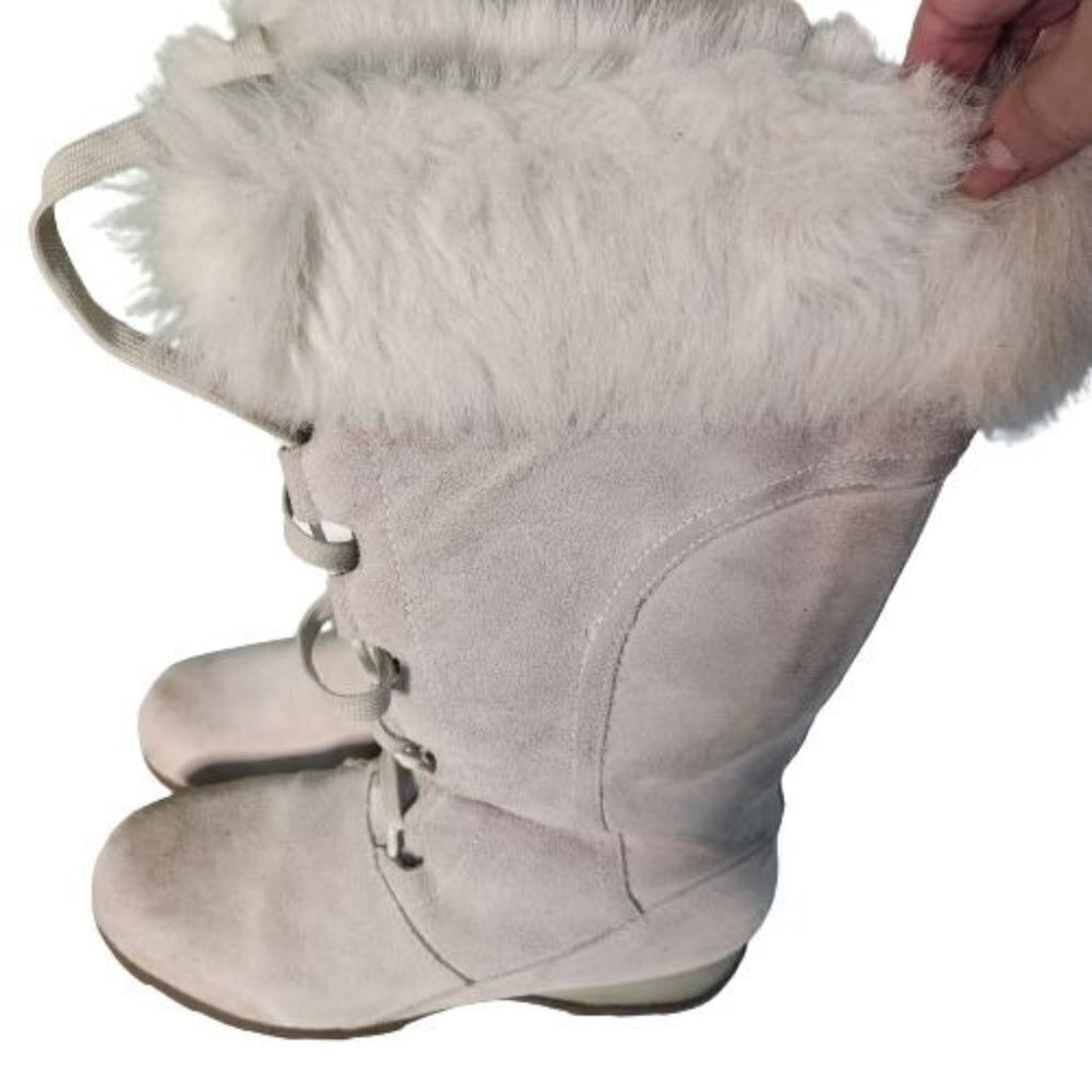 Sporto Cream Suede Faux Fur Lace Up Mid Calf Boots Size 10W
